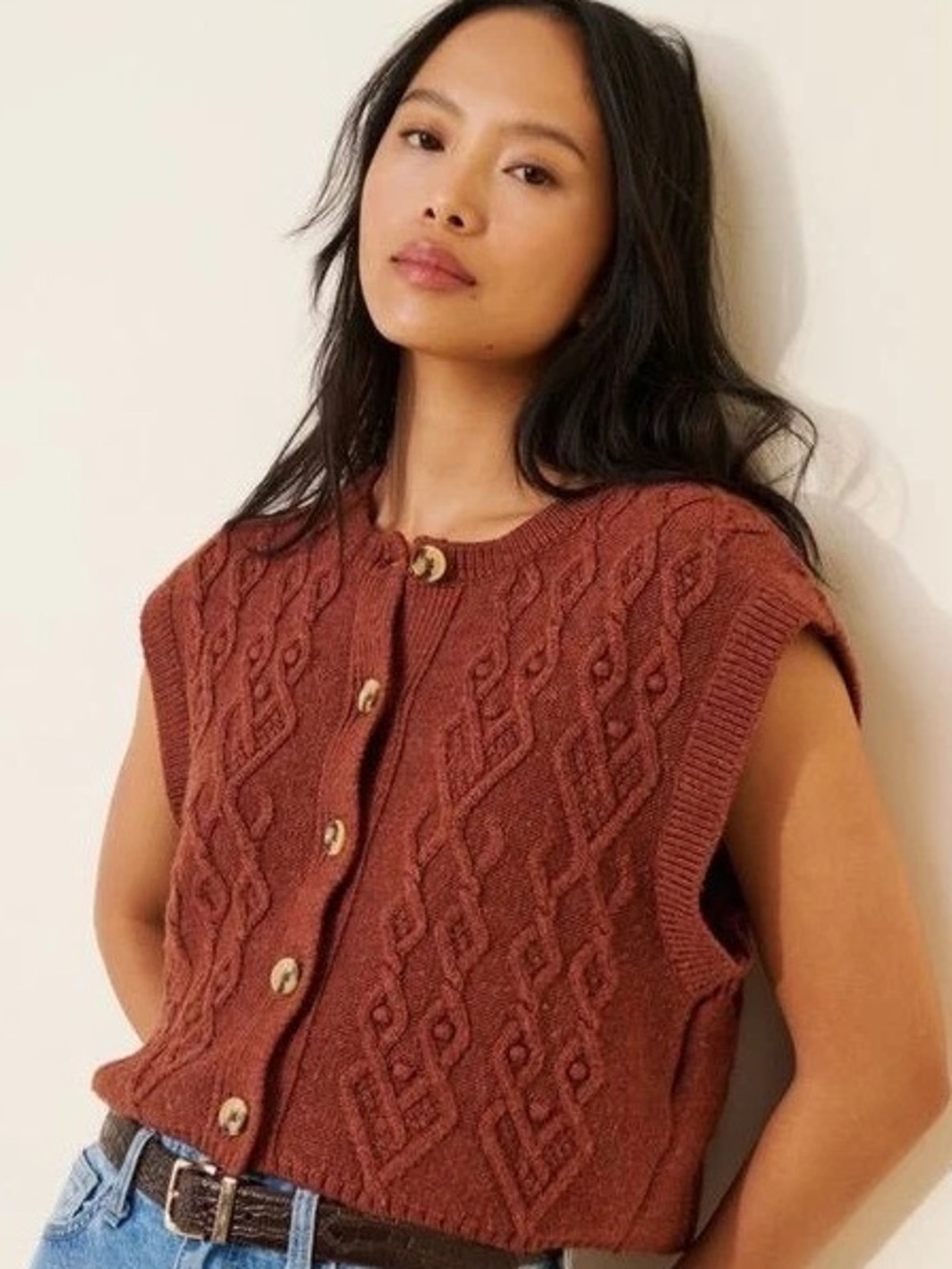 Anthropologie Sweater Womens Small Rust Cable Knit Button Front Boho Vest